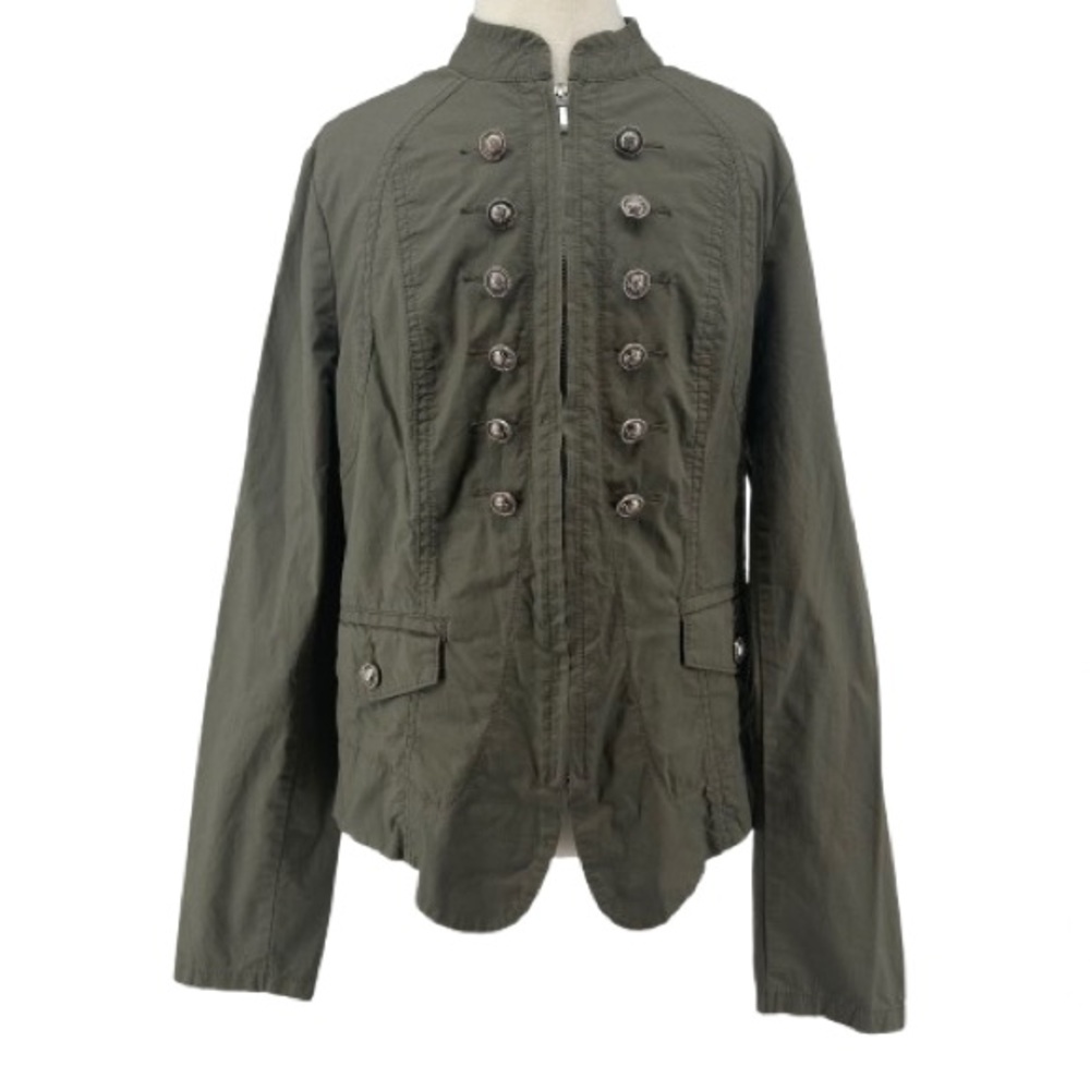 INC International Concepts Olive Green Zip Up Faux Button Military Jacket READ - Picture 2 of 13